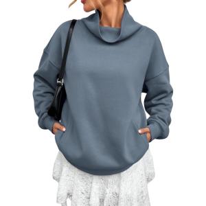 image:imageATHMILE Fleece Sweatshirt for Women Oversized Sweatshirts with Pockets Turtleneck Pullover Fashion Outfits Clothes 2026Gray Blue