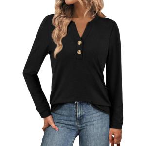 image:imageATHMILE Long Sleeve Shirts for Women 2026 Fall Outfits Henley Dressy Casual Tops Trendy Blouses Cute TShirts Fashion ClothesBlack