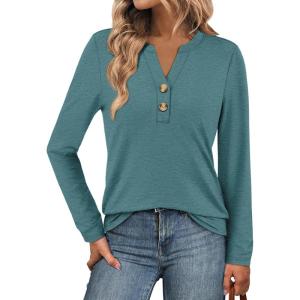 image:imageATHMILE Long Sleeve Shirts for Women 2026 Fall Outfits Henley Dressy Casual Tops Trendy Blouses Cute TShirts Fashion ClothesBlue Green