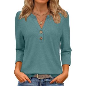 image:imageATHMILE Long Sleeve Shirts for Women 2026 Fall Outfits Henley Dressy Casual Tops Trendy Blouses Cute TShirts Fashion ClothesHalfblue Green