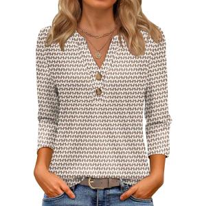 image:imageATHMILE Long Sleeve Shirts for Women 2026 Fall Outfits Henley Dressy Casual Tops Trendy Blouses Cute TShirts Fashion ClothesHalfbrown Stripe