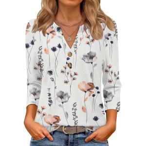 image:imageATHMILE Long Sleeve Shirts for Women 2026 Fall Outfits Henley Dressy Casual Tops Trendy Blouses Cute TShirts Fashion ClothesHalfwhite Floral