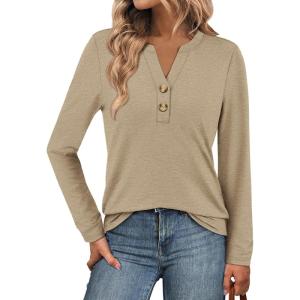 image:imageATHMILE Long Sleeve Shirts for Women 2026 Fall Outfits Henley Dressy Casual Tops Trendy Blouses Cute TShirts Fashion ClothesKhaki