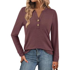 image:imageATHMILE Long Sleeve Shirts for Women 2026 Fall Outfits Henley Dressy Casual Tops Trendy Blouses Cute TShirts Fashion ClothesWine Red