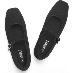 image:imageATHMILE Square Toe Ballet Flats Mary Janes Shoes Women with Padded Heel amp Adjustable Strap Knit SlipOn Flats for Women for Office Dressy amp Casual Machine Washable for Easy CareBlack