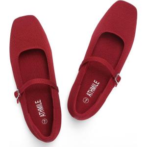 image:imageATHMILE Square Toe Ballet Flats Mary Janes Shoes Women with Padded Heel amp Adjustable Strap Knit SlipOn Flats for Women for Office Dressy amp Casual Machine Washable for Easy CareRed