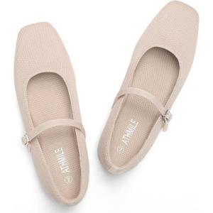 image:imageATHMILE Square Toe Ballet Flats Mary Janes Shoes Women with Padded Heel amp Adjustable Strap Knit SlipOn Flats for Women for Office Dressy amp Casual Machine Washable for Easy CareNude