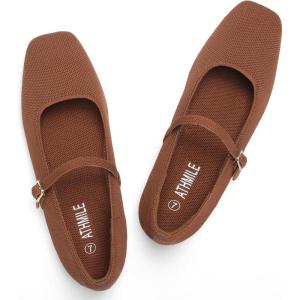 image:imageATHMILE Square Toe Ballet Flats Mary Janes Shoes Women with Padded Heel amp Adjustable Strap Knit SlipOn Flats for Women for Office Dressy amp Casual Machine Washable for Easy CareBrown