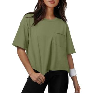 image:imageATHMILE Womens Crop Tops Workout Shirts Gym Oversized Spring Summer Basic Tees Short Sleeve Casual Loose Drop Shoulder 2026Armygreen