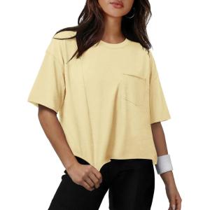 image:imageATHMILE Womens Crop Tops Workout Shirts Gym Oversized Spring Summer Basic Tees Short Sleeve Casual Loose Drop Shoulder 2026Beige