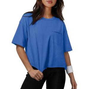 image:imageATHMILE Womens Crop Tops Workout Shirts Gym Oversized Spring Summer Basic Tees Short Sleeve Casual Loose Drop Shoulder 2026Blue