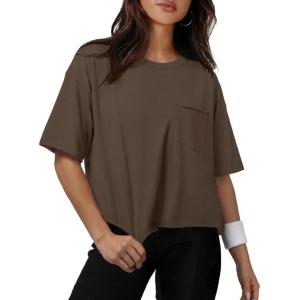 image:imageATHMILE Womens Crop Tops Workout Shirts Gym Oversized Spring Summer Basic Tees Short Sleeve Casual Loose Drop Shoulder 2026Brown