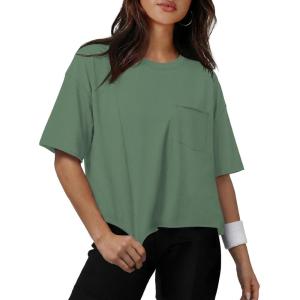 image:imageATHMILE Womens Crop Tops Workout Shirts Gym Oversized Spring Summer Basic Tees Short Sleeve Casual Loose Drop Shoulder 2026Darkgreen