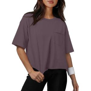 image:imageATHMILE Womens Crop Tops Workout Shirts Gym Oversized Spring Summer Basic Tees Short Sleeve Casual Loose Drop Shoulder 2026Darkpurple