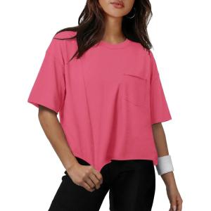 image:imageATHMILE Womens Crop Tops Workout Shirts Gym Oversized Spring Summer Basic Tees Short Sleeve Casual Loose Drop Shoulder 2026Hotpink