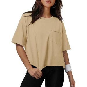 image:imageATHMILE Womens Crop Tops Workout Shirts Gym Oversized Spring Summer Basic Tees Short Sleeve Casual Loose Drop Shoulder 2026Lightkhaki