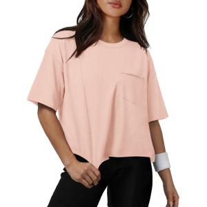 image:imageATHMILE Womens Crop Tops Workout Shirts Gym Oversized Spring Summer Basic Tees Short Sleeve Casual Loose Drop Shoulder 2026Lightpink