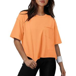 image:imageATHMILE Womens Crop Tops Workout Shirts Gym Oversized Spring Summer Basic Tees Short Sleeve Casual Loose Drop Shoulder 2026Orange