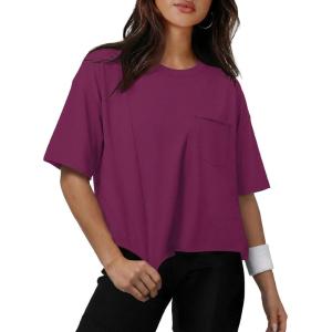 image:imageATHMILE Womens Crop Tops Workout Shirts Gym Oversized Spring Summer Basic Tees Short Sleeve Casual Loose Drop Shoulder 2026Purple Red