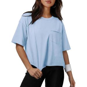 image:imageATHMILE Womens Crop Tops Workout Shirts Gym Oversized Spring Summer Basic Tees Short Sleeve Casual Loose Drop Shoulder 2026Skyblue