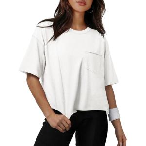 image:imageATHMILE Womens Crop Tops Workout Shirts Gym Oversized Spring Summer Basic Tees Short Sleeve Casual Loose Drop Shoulder 2026White