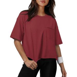 image:imageATHMILE Womens Crop Tops Workout Shirts Gym Oversized Spring Summer Basic Tees Short Sleeve Casual Loose Drop Shoulder 2026Winered