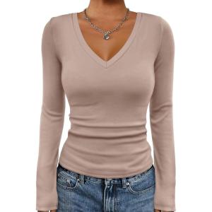 image:imageATHMILE Womens Fall Deep V Neck Long Sleeve Shirts Modal Slim Fit Basic Tee Tops 2026Alatte