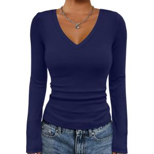 image:imageATHMILE Womens Fall Deep V Neck Long Sleeve Shirts Modal Slim Fit Basic Tee Tops 2026Anavy