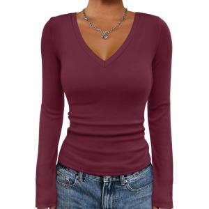 image:imageATHMILE Womens Fall Deep V Neck Long Sleeve Shirts Modal Slim Fit Basic Tee Tops 2026Bburgundy