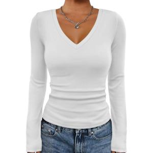 image:imageATHMILE Womens Fall Deep V Neck Long Sleeve Shirts Modal Slim Fit Basic Tee Tops 2026Bwhite