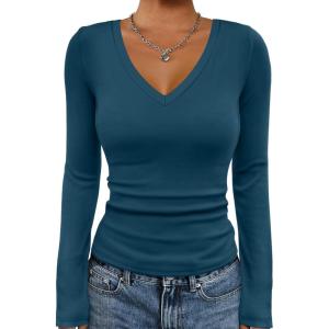 image:imageATHMILE Womens Fall Deep V Neck Long Sleeve Shirts Modal Slim Fit Basic Tee Tops 2026Navy