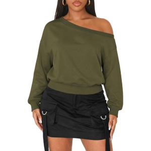 image:imageATHMILE Womens Off the Shoulder Sweatshirts Sexy Oversized Pullover Cropped Tops Casual Long Sleeve Spring Fall OutfitsArmy Green