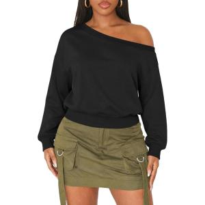 image:imageATHMILE Womens Off the Shoulder Sweatshirts Sexy Oversized Pullover Cropped Tops Casual Long Sleeve Spring Fall OutfitsBlack