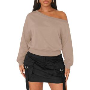 image:imageATHMILE Womens Off the Shoulder Sweatshirts Sexy Oversized Pullover Cropped Tops Casual Long Sleeve Spring Fall OutfitsCoffee Grey