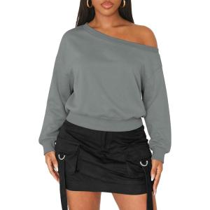 image:imageATHMILE Womens Off the Shoulder Sweatshirts Sexy Oversized Pullover Cropped Tops Casual Long Sleeve Spring Fall OutfitsGray Blue