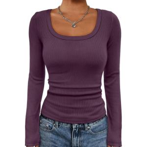 image:imageATHMILE Womens Scoop Neck Long Sleeve Tops Fashion Ribbed Knit Shirts Slim Fitted Casual Basic Tee T Shirt for Women 2026Apurple