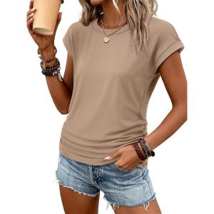 image:imageATHMILE Womens Summer Tops Cap Sleeve Ruched Tshirts Business Casual Crewneck Trendy Outfits Basic Fashion Dressy ClothesKhaki