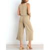 image:imageATHMILE Womens Summer 2 Piece Outfits Sleeveless Tank Crop Button Back Top Cropped Wide Leg Pants Set PocketsKhaki
