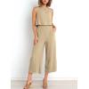 image:imageATHMILE Womens Summer 2 Piece Outfits Sleeveless Tank Crop Button Back Top Cropped Wide Leg Pants Set PocketsKhaki
