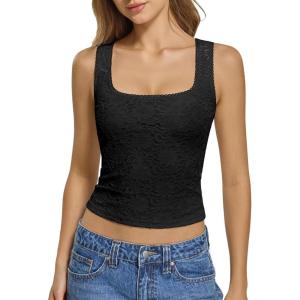 image:imageATHMILE Tank Top for Women Crop Square Neck Lace Trim Spring Summer Sleeveless Double Lined Basic Going Out Y2k Outfits 2026Black