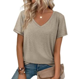 image:imageATHMILE T Shirts Short Sleeve V Neck Tees for Women Fashion Tops Trendy Soft Casual Summer Clothes Outfits 2026Coffe Grey