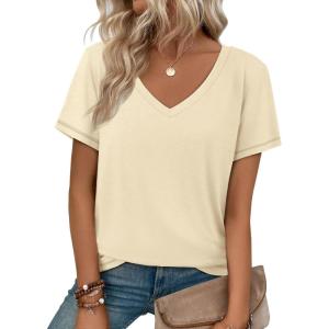 image:imageATHMILE T Shirts Short Sleeve V Neck Tees for Women Fashion Tops Trendy Soft Casual Summer Clothes Outfits 2026Cream