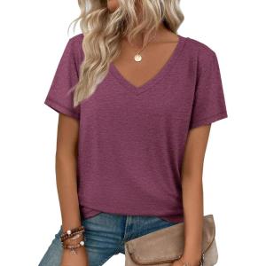 image:imageATHMILE T Shirts Short Sleeve V Neck Tees for Women Fashion Tops Trendy Soft Casual Summer Clothes Outfits 2026Purple Red