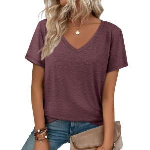 image:imageATHMILE T Shirts Short Sleeve V Neck Tees for Women Fashion Tops Trendy Soft Casual Summer Clothes Outfits 2026Wine Red