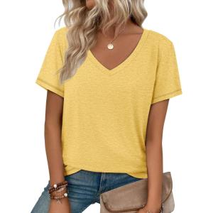 image:imageATHMILE T Shirts Short Sleeve V Neck Tees for Women Fashion Tops Trendy Soft Casual Summer Clothes Outfits 2026Yellow