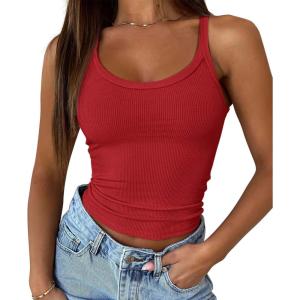 image:imageATHMILE Women Tank Top Sleeveless Scoop Neck Form Fitting Ribbed Knit Basic Cami Shirts1 Short Length Red