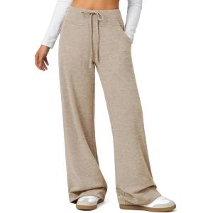 image:imageATHMILE Womens Wide Leg Sweatpants Baggy HighWaisted Drawstring Sweat Pants Fashion Comfy Joggers with PocketsLight Brown