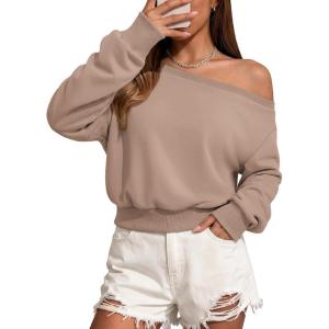 image:imageATHMILE Womens Off the Shoulder Sweatshirt Crop Top Long Sleeve Pullover Comfy Sexy Y2K Casual Fall Outfits 2026Coffee Grey