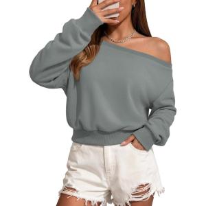 image:imageATHMILE Womens Off the Shoulder Sweatshirt Crop Top Long Sleeve Pullover Comfy Sexy Y2K Casual Fall Outfits 2026Gray Blue