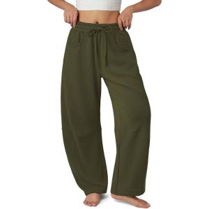 image:imageATHMILE Barrel Sweatpants Women Fall Fashion Wide Leg Pants 2026 Baggy Lounge Comfy Flowy Sweat Pants with PocketsArmy Green